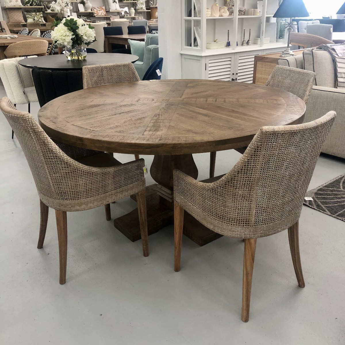 "Tuscany" Hardwood Timber Parquetry 150cm Round Dining Table + 4 Coral Bay Dining Chairs in Greywash (RRP $3499) - Image 2
