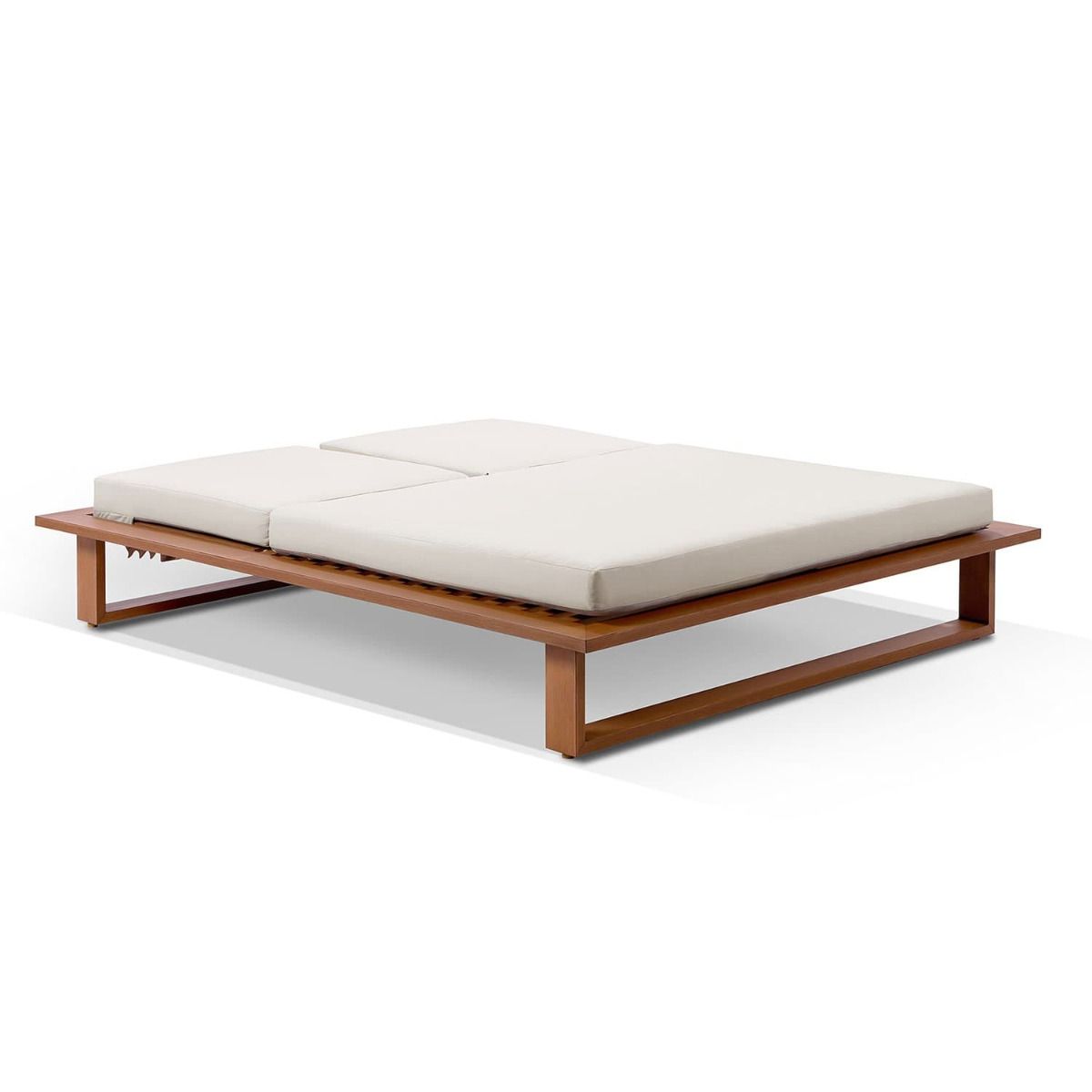 "Barbados" Hamptons Style Double Aluminium Sun Lounge in Teak Look with Cream Cushions - Image 2