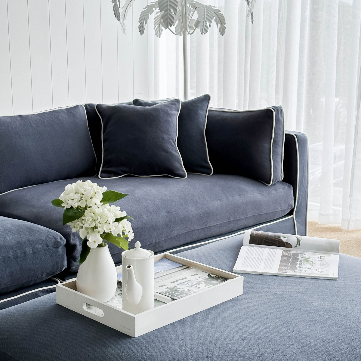 Marbella 4 Seat Sofa Navy W/White piping, W 300 D 100 H 85cm (RRP $3859) - Image 3