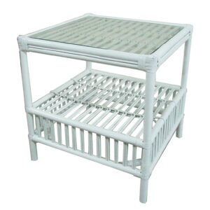 "Alfresco" Rattan Side Lamp Table with with Tempered Glass in White, 60cmL x 60cmW x 64cmH (RRP $699)