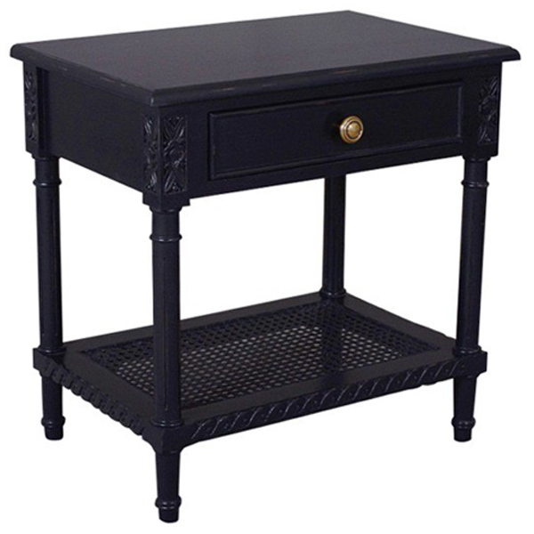 "Paloma" Hamptons Style Bedside Side Lamp Table with Rattan Shelf in Black, 60cm x 40cm x 60cmH