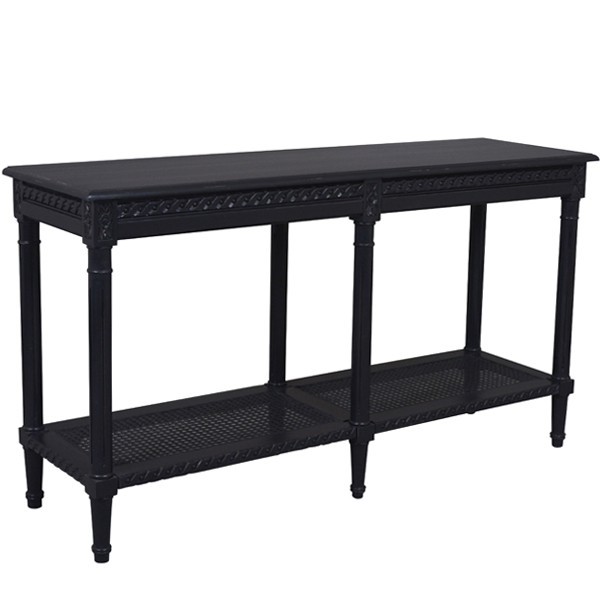 "Paloma" Hamptons Style Long Console Hall Table with Rattan Shelf in Black, 140cm x 40cm x 80cmH