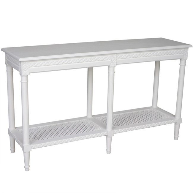"Paloma" Hamptons Style Long Console Hall Table with Rattan Shelf in White, 140cm x 40cm x 80cmH