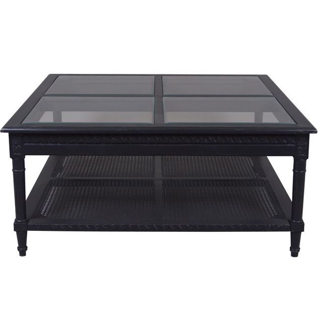 FLOORSTOCK CLEARANCE SALE "Paloma" Hamptons Style Square Coffee Table with 4 Panel Glass Top & Rattan Shelf in Black, 110cm x 110cm x 50cmH (RRP $1999)