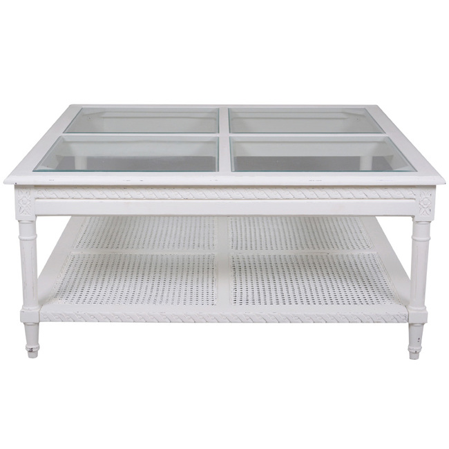 "Paloma" Hamptons Style Square Coffee Table with 4 Panel Glass Top & Rattan Shelf in White, 110cm x 110cm x 50cmH (RRP $1799)