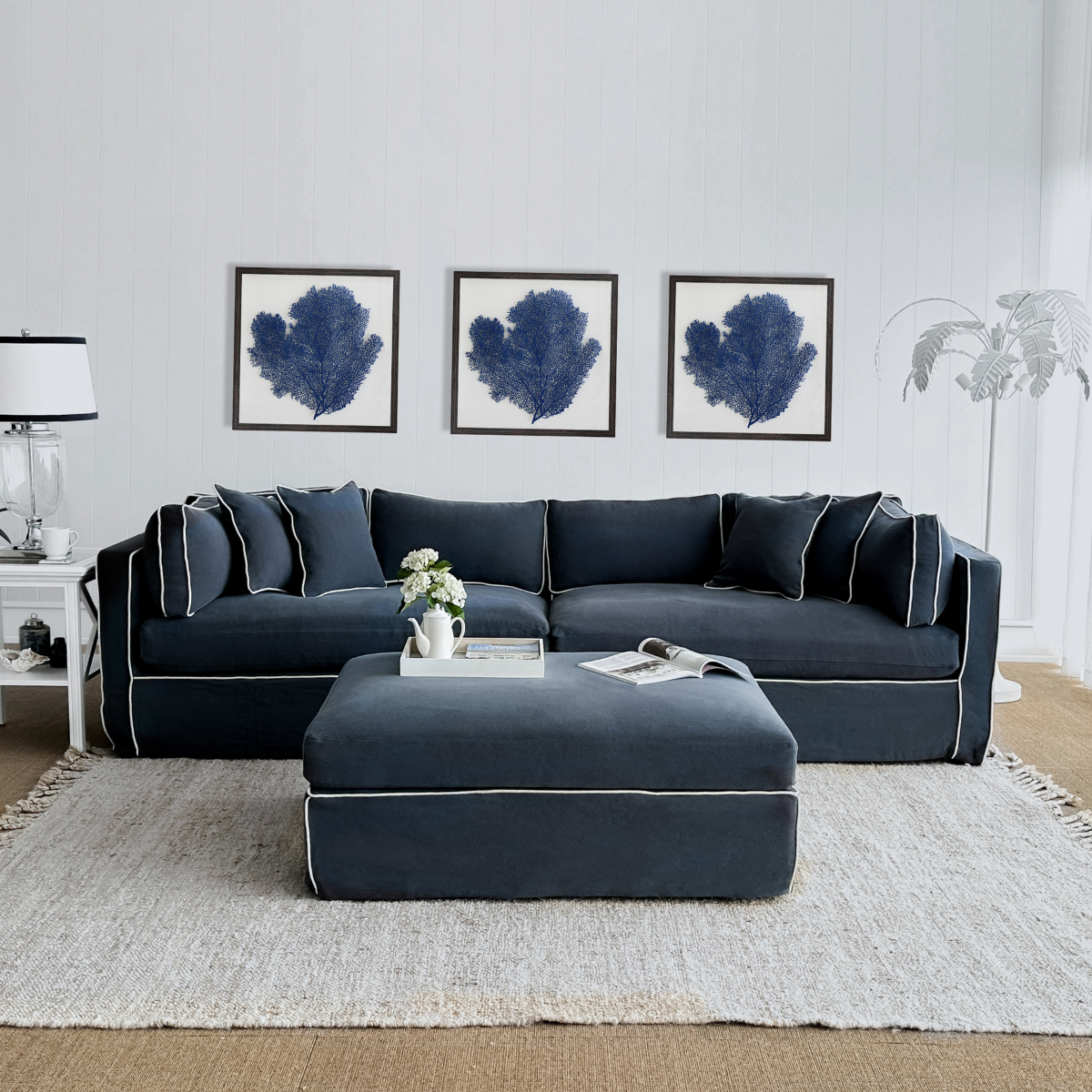 Marbella 4 Seat Sofa Navy W/White piping, W 300 D 100 H 85cm (RRP $3859) - Image 2